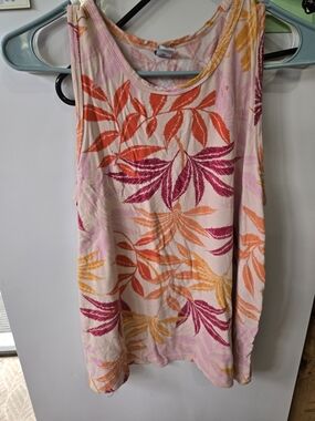 Old Navy Pink Tank Top with Orange and Magenta Leaf Print